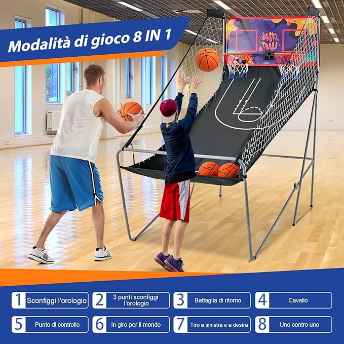 Macchina da Pallacanestro Elettronica, Canestro Basket da Camera a Doppio Tiro Pieghevole con Punteggio Elettronico, 4 Palle, 8 Modalità di Gioco e 2 Canestri (Viola)