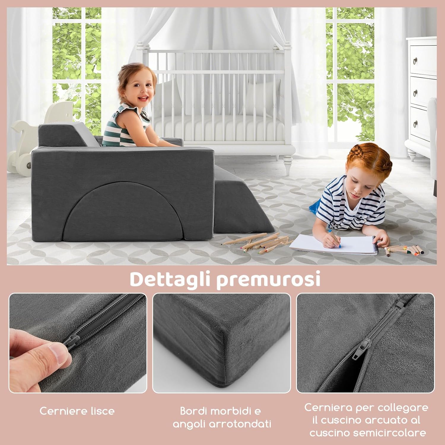 Divano Modulare per Bambini 8 Pezzi, Divanetto per Bambini con Copertura Staccabile per Sala Giochi e Camera da Letto, Divano Creativo per Bambini per Giocare, Creare e Dormire (Grigio)