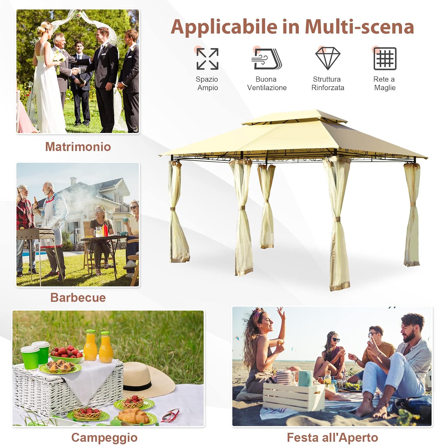 Gazebo da Giardino 3,9 x 2,9 M, Gazebo da Esterno con rete rimovibile e doppi tetti, struttura in acciaio, ideale per Feste, Barbecue, Giardino (beige)