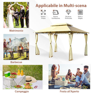 Gazebo da Giardino 3,9 x 2,9 M, Gazebo da Esterno con rete rimovibile e doppi tetti, struttura in acciaio, ideale per Feste, Barbecue, Giardino (beige)