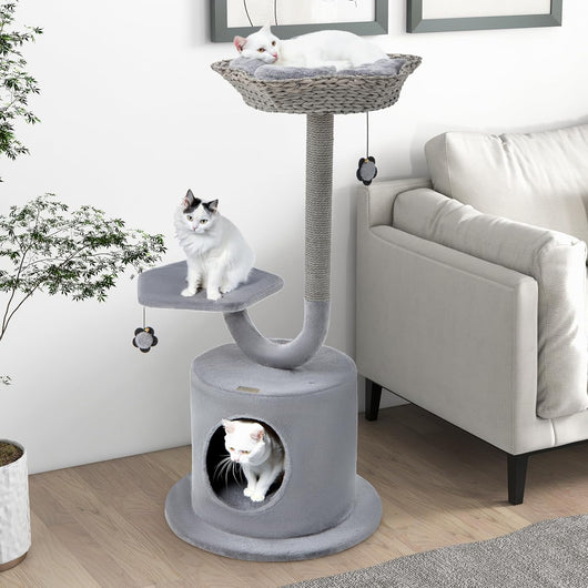 Albero per Gatti da Interno, Albero Tiragraffi per Gatti 106 cm con Telaio Curvo in Metallo, Torre per Gatti Multifunzionale a 3 Livelli con Palline