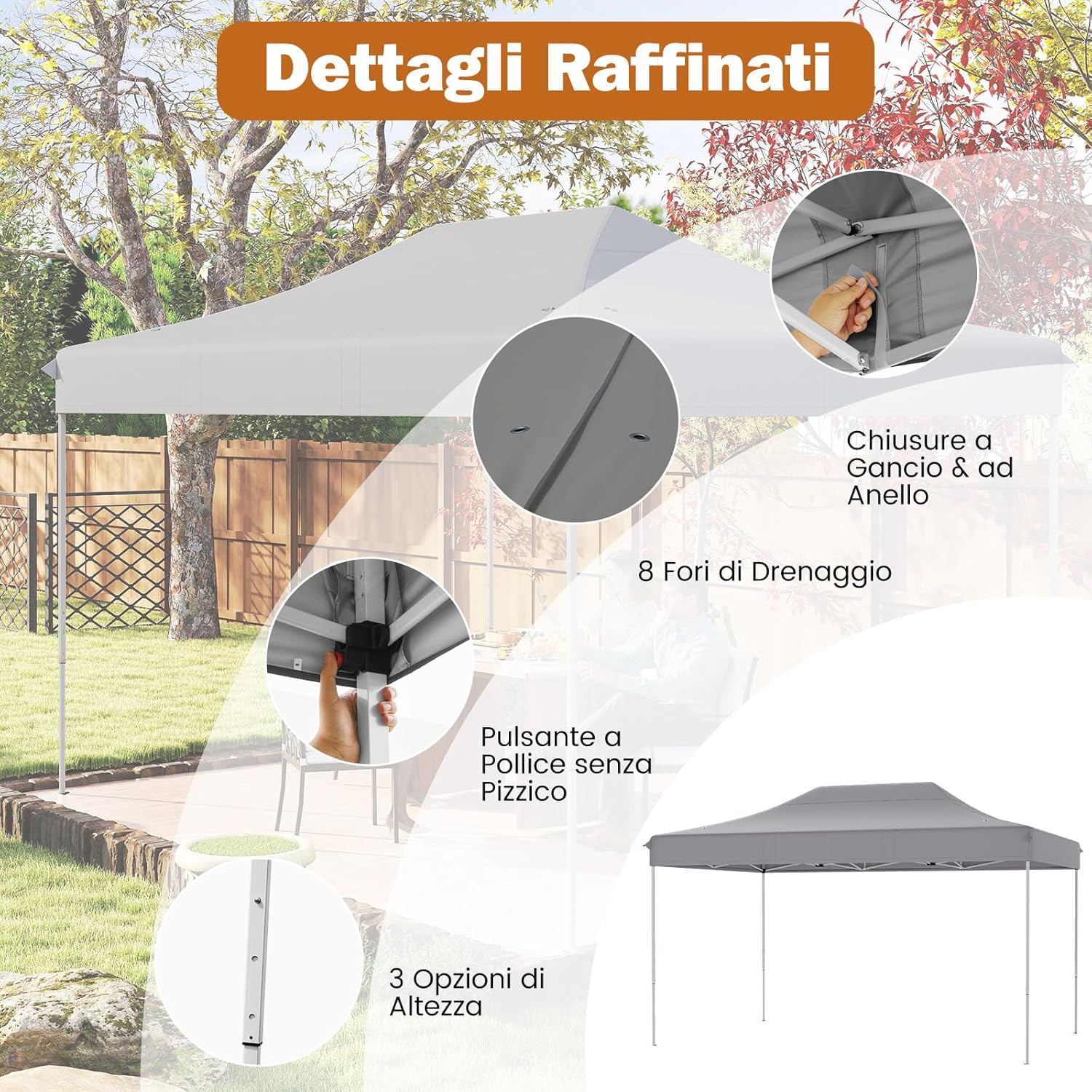 Gazebo Pop-up Pieghevole 3 x 4,5 m, Gazebo da Giardino Impermeabile Altezza Regolabile con Fori di Drenaggio, Tenda da Giardino Antivento con Borsa di Trasporto a Ruote (Grigio)