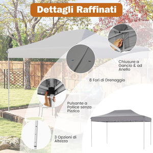 Gazebo Pop-up Pieghevole 3 x 4,5 m, Gazebo da Giardino Impermeabile Altezza Regolabile con Fori di Drenaggio, Tenda da Giardino Antivento con Borsa di Trasporto a Ruote (Grigio)