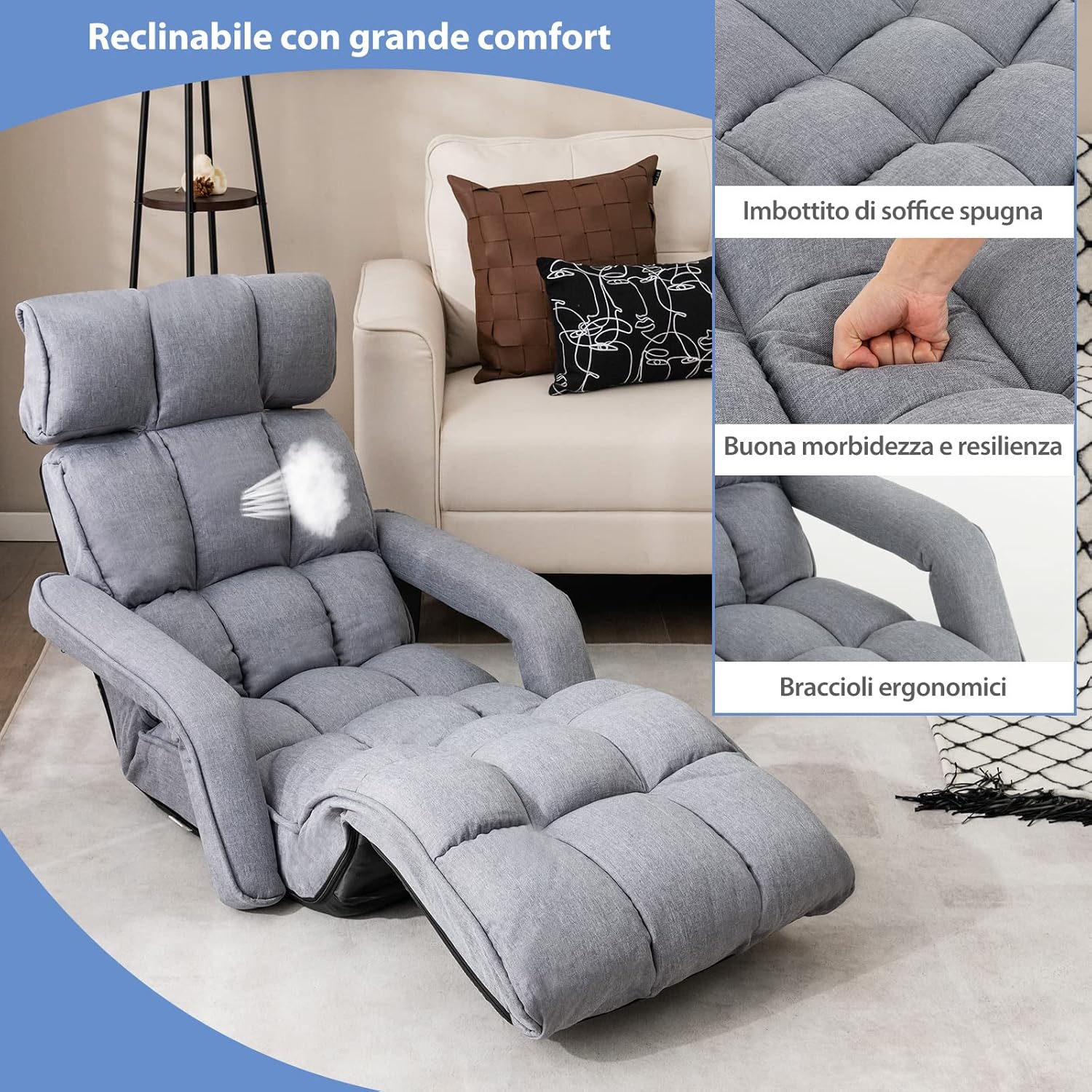Poltrona Salotto da Terra, Sedie Pieghevoli Imbottita Chaise Longue Reclinabile in 5 Posizioni, con Regolabili Braccioli Schienale, per Yoga Relax Meditazione, 195x73x19 cm(Grigio)