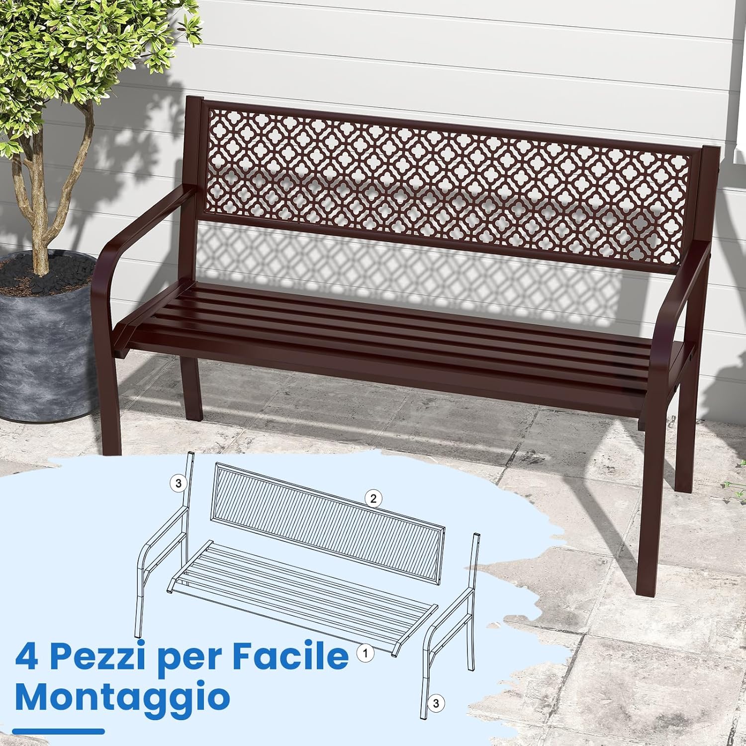 Panchina da Esterno 2-3 Posti, Panca in Metallo con Schienale Motivo Geometrico, Braccioli e Seduta a Doghe, Sedia Moderna per Parco, Cortile e Giardino (Bronzo, 127 x 59 x 82 cm)