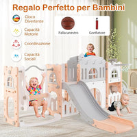 10 in 1 Parco Giochi per Bambini, Set Altalena e Scivolo con Canestro da Basket Telescopio Volante, Palestra da Gioco per Bambini 1 Anni + (Rosa)