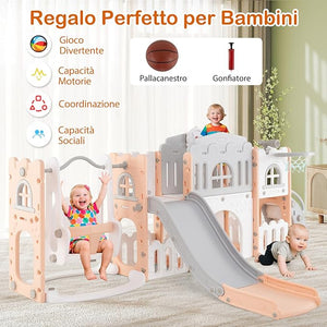 10 in 1 Parco Giochi per Bambini, Set Altalena e Scivolo con Canestro da Basket Telescopio Volante, Palestra da Gioco per Bambini 1 Anni + (Rosa)