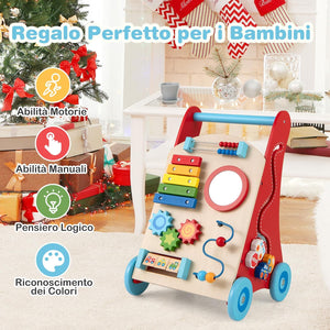 7 in 1 Girello per Bambini in Legno, Carrellino Primi Passi con Manico, Contenitore e Ruote, Giocattolo Montessori da Spingere e Tirare, Gioco Educativo per Bambini 3 + Anni (Modello 1)