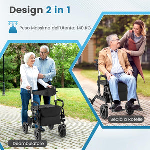 2 in 1 Deambulatore Pieghevole e Sedie a Rotelle per Anziani in Alluminio, Rollator Altezza Regolabile con Seduta e Freni, Girello per Anziani con Ruote Robuste, Carico Massimo 140 kg (Nero)