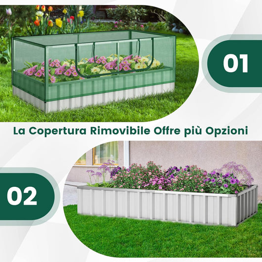 Fioriera da Esterno Zincata con Copertura, Orto Rialzato con Tendina Avvolgibile, Guanti e 8 Etichette per Piante, Letto da Giardino Rialzato per Fiori, Erbe, Verdure e Frutta