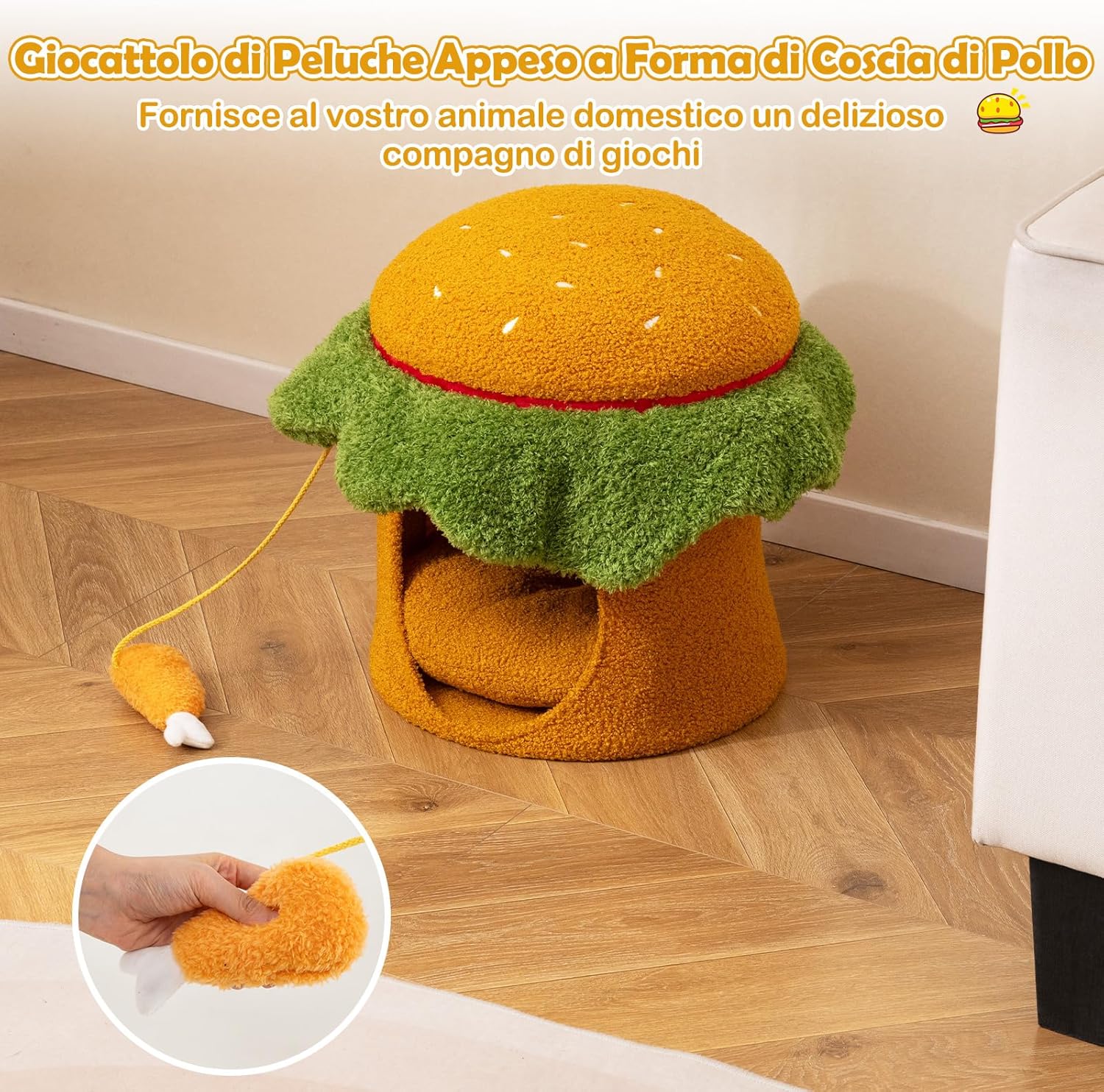 Cuccia per Gatti Carino, Condominio per Gatti a Forma di Hamburger con Cuccia Imbottita, Giocattolo Morbido Sospeso e Cuscino Morbido Rimovibile e Lavabile, Casa per Gattini, 37 x 37 x 41 cm