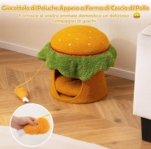 Cuccia per Gatti Carino, Condominio per Gatti a Forma di Hamburger con Cuccia Imbottita, Giocattolo Morbido Sospeso e Cuscino Morbido Rimovibile e Lavabile, Casa per Gattini, 37 x 37 x 41 cm