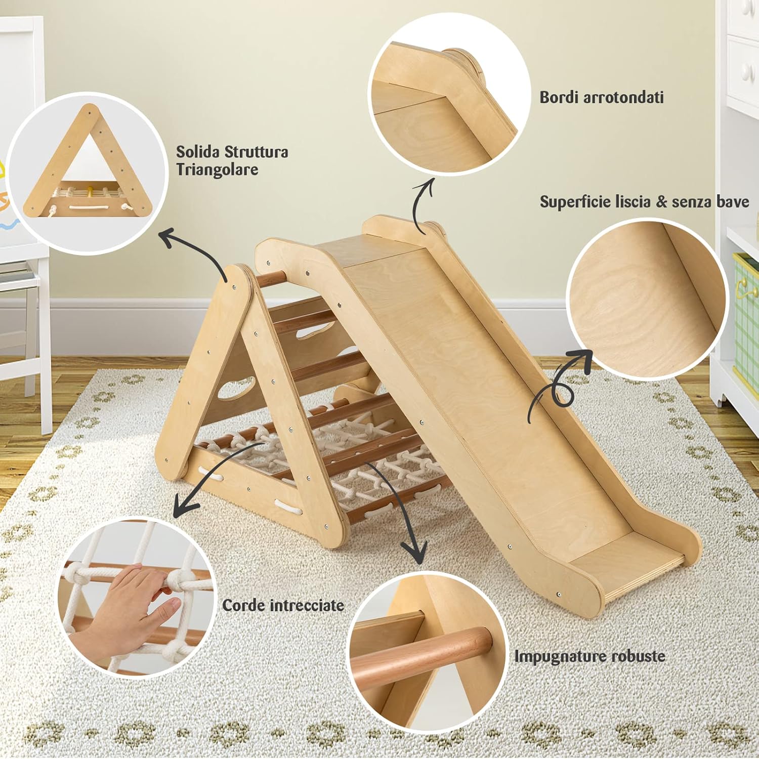 Set 4 in1 Arrampicata per Bambini, Arrampicata a Triangolo con Scivolo, Set di Arrampicata in Legno per Interni e Esterni con Rete di Arrampicata, Carico 60kg, 1 Anni+ (Naturale)