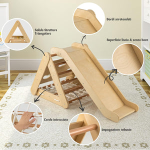 Set 4 in1 Arrampicata per Bambini, Arrampicata a Triangolo con Scivolo, Set di Arrampicata in Legno per Interni e Esterni con Rete di Arrampicata, Carico 60kg, 1 Anni+ (Naturale)