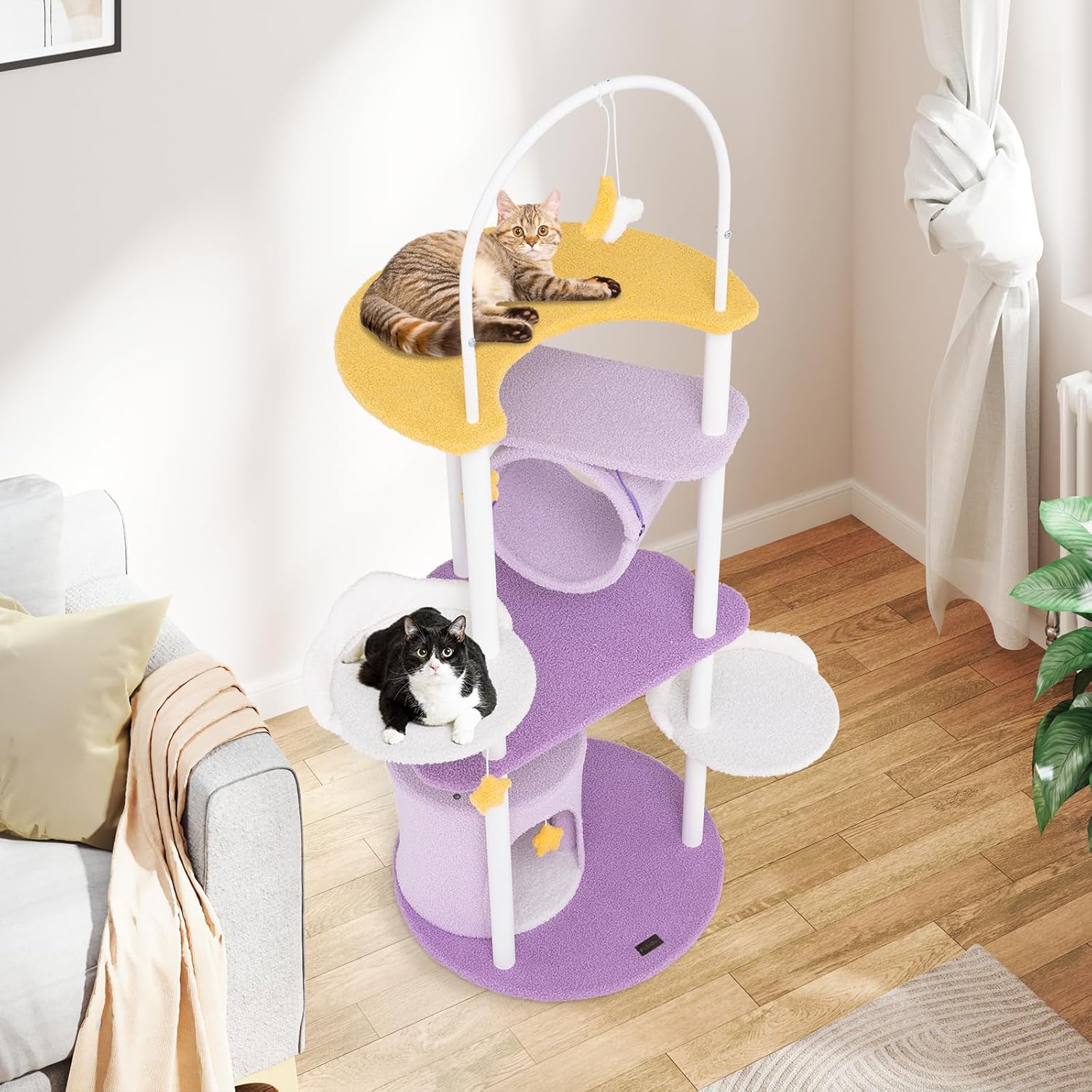Tiragraffi per Gatti 158cm, Albero per Gatti con Multi Livelli, Struttura in Metallo, Trespolo Superiore e Piattaforme per Salti, Torre per Animali Interno, Viola, Bianco e Giallo