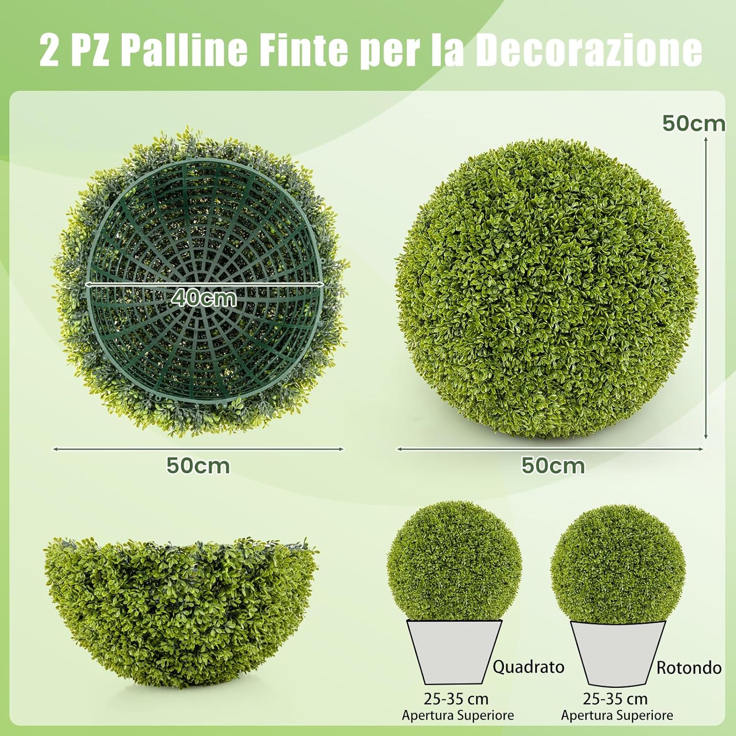 Set di 2 Sfere Topiarie in Bosso Artificiale da 39/50 cm, Sfere Topiarie Protettive dal Sole, Piante Finte Decorative per Giardino, Ingresso, Balcone e Cortile (Diametro 50 cm)