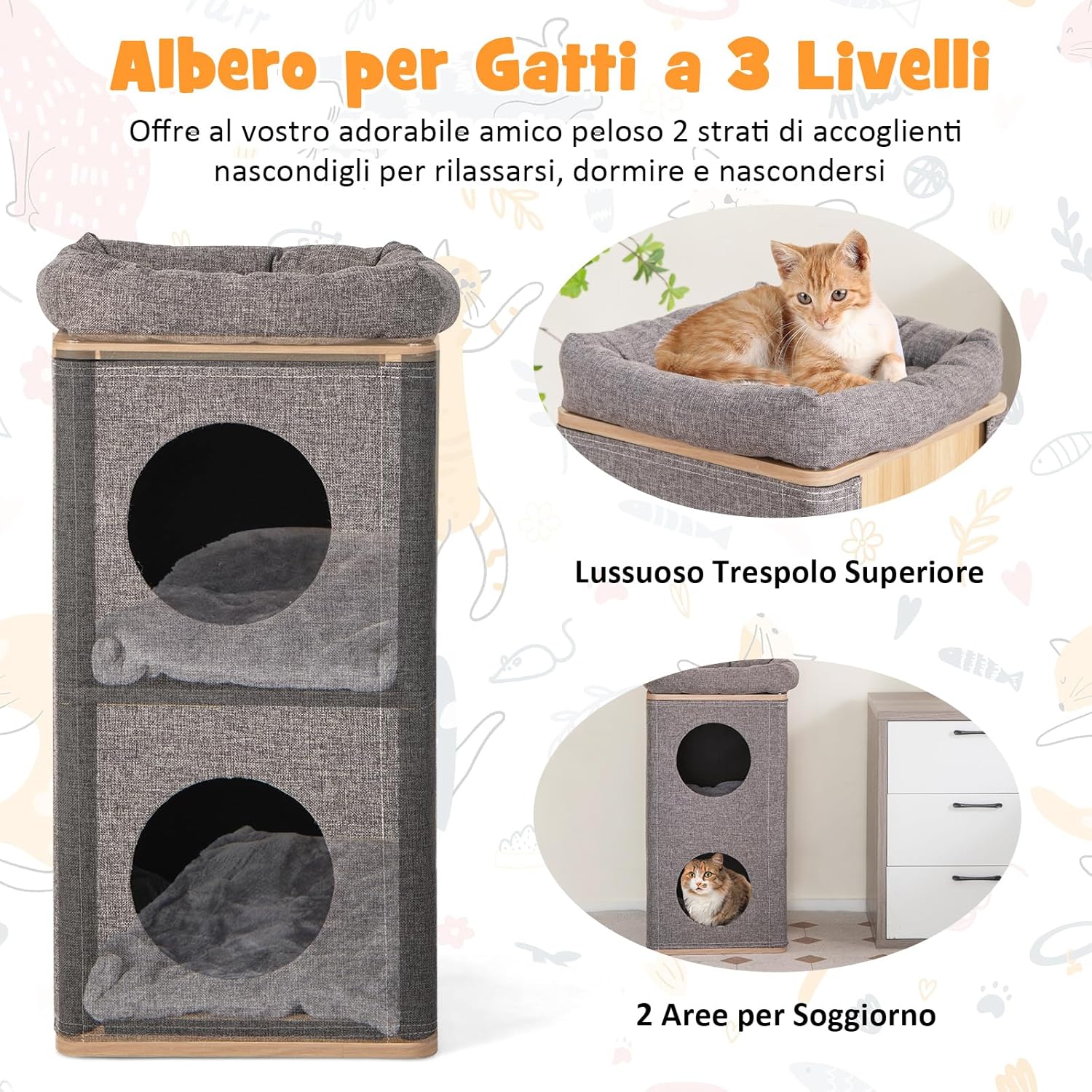 Casetta per Gatti a 3 Piani, Cuccia per Gatti con Tiragraffi, 2 Scomparti Coperti e 3 Materassini, Casa per Gatti Moderna con Graffiatoio da Interno