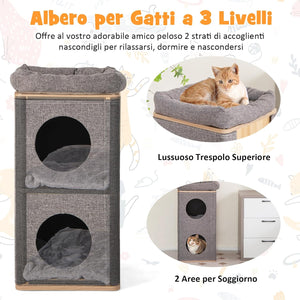 Casetta per Gatti a 3 Piani, Cuccia per Gatti con Tiragraffi, 2 Scomparti Coperti e 3 Materassini, Casa per Gatti Moderna con Graffiatoio da Interno