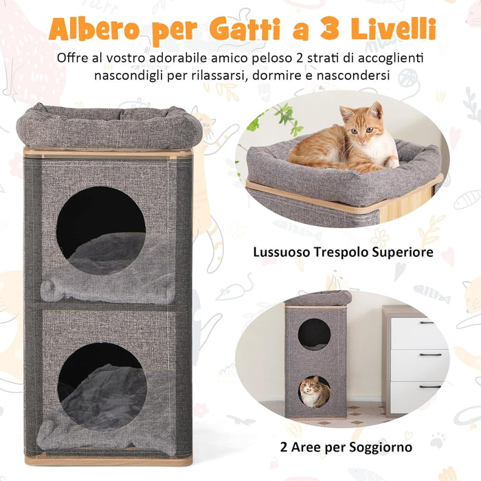 Casetta per Gatti a 3 Piani, Cuccia per Gatti con Tiragraffi, 2 Scomparti Coperti e 3 Materassini, Casa per Gatti Moderna con Graffiatoio da Interno