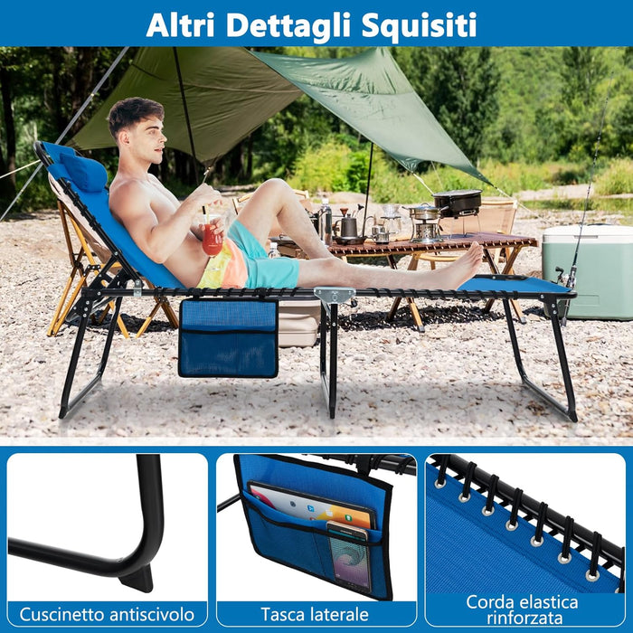 Sedia a Sdraio Pieghevole, Lettino da Giardino con Schienale a 4 Livelli, Tasca Laterale e Poggiatesta Staccabile, Ideale per Giardino, Piscina, Campeggio, Portata 150 kg (Blu)