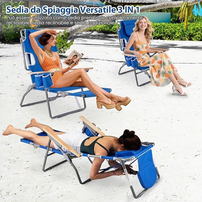 Sedia da Spiaggia Pieghevole 3 in 1, con Foro per il Viso, Poggiapiedi, Schienale Regolabile, Cuscino, Poltrona Prendisole per Spiaggia, Campeggio, Bordo, Piscina, Portata 150 kg (Blu)