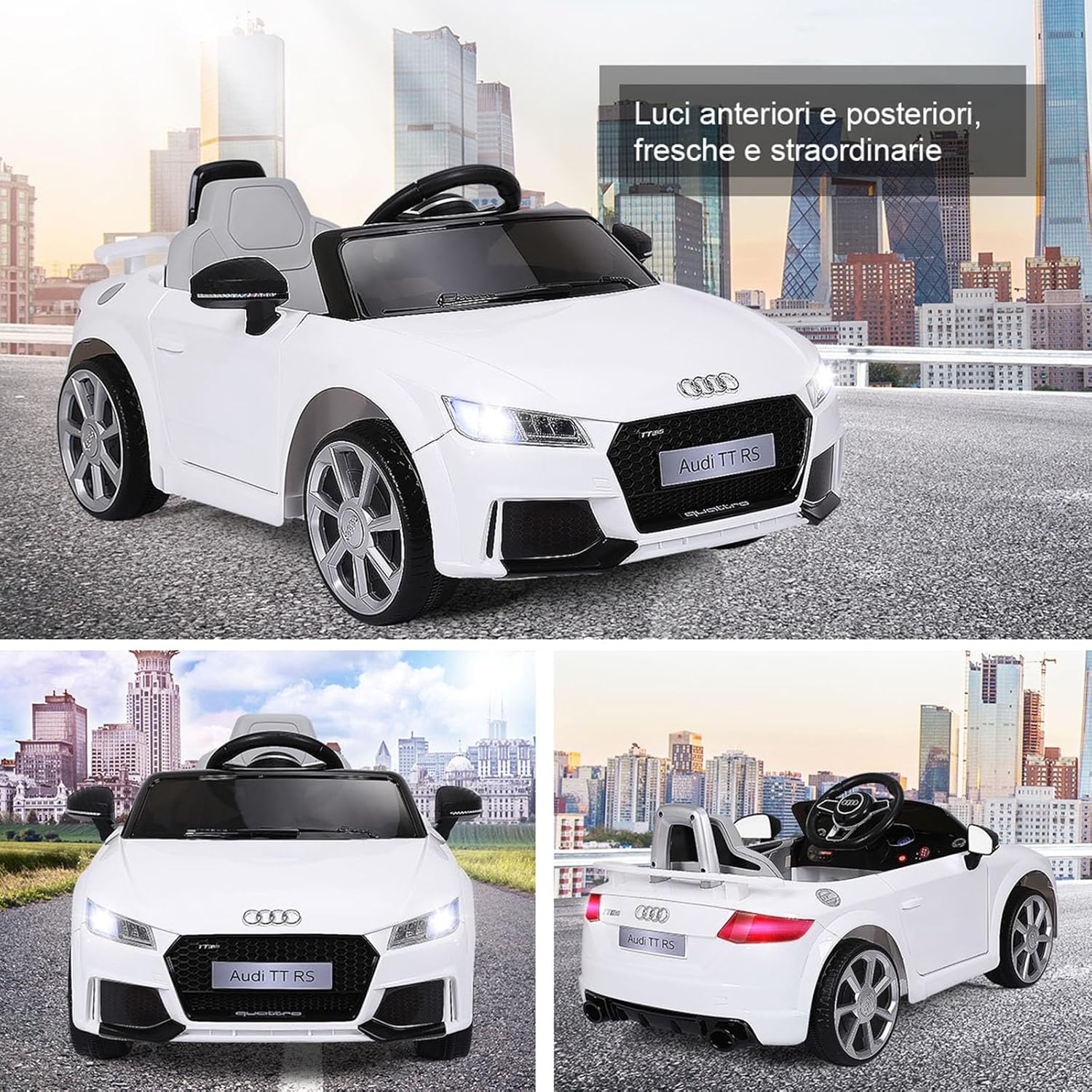 Audi 12V Auto Elettrica per Bambini, Macchina Elettrica con Velocità 2,5-5 km/ora, con Telecomando USB MP3 Luci LED (Bianco)