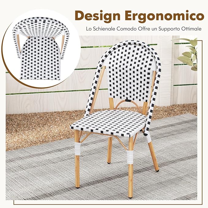 Set di 2 Sedie da Bistrot, Sedia da Pranzo Senza Braccioli con Rattan Intrecciato, Sedia da Giardino con Telaio in Metallo Zincato, Portata 150 kg, 56,5 x 41 x 88,5 cm