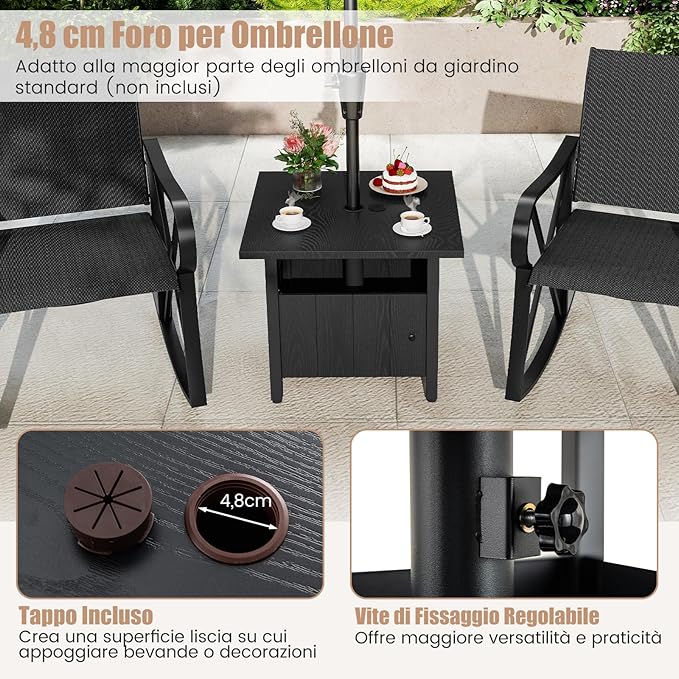 Tavolino da Esterno con Foro per Ombrellone da 4,8 cm, Base per Tavolo con 2 Sacchetti di Sabbia, Tavolino da Esterno per Giardino, Terrazza e Bordo Piscina, 55,5 x 55,5 x 48 cm, Nero