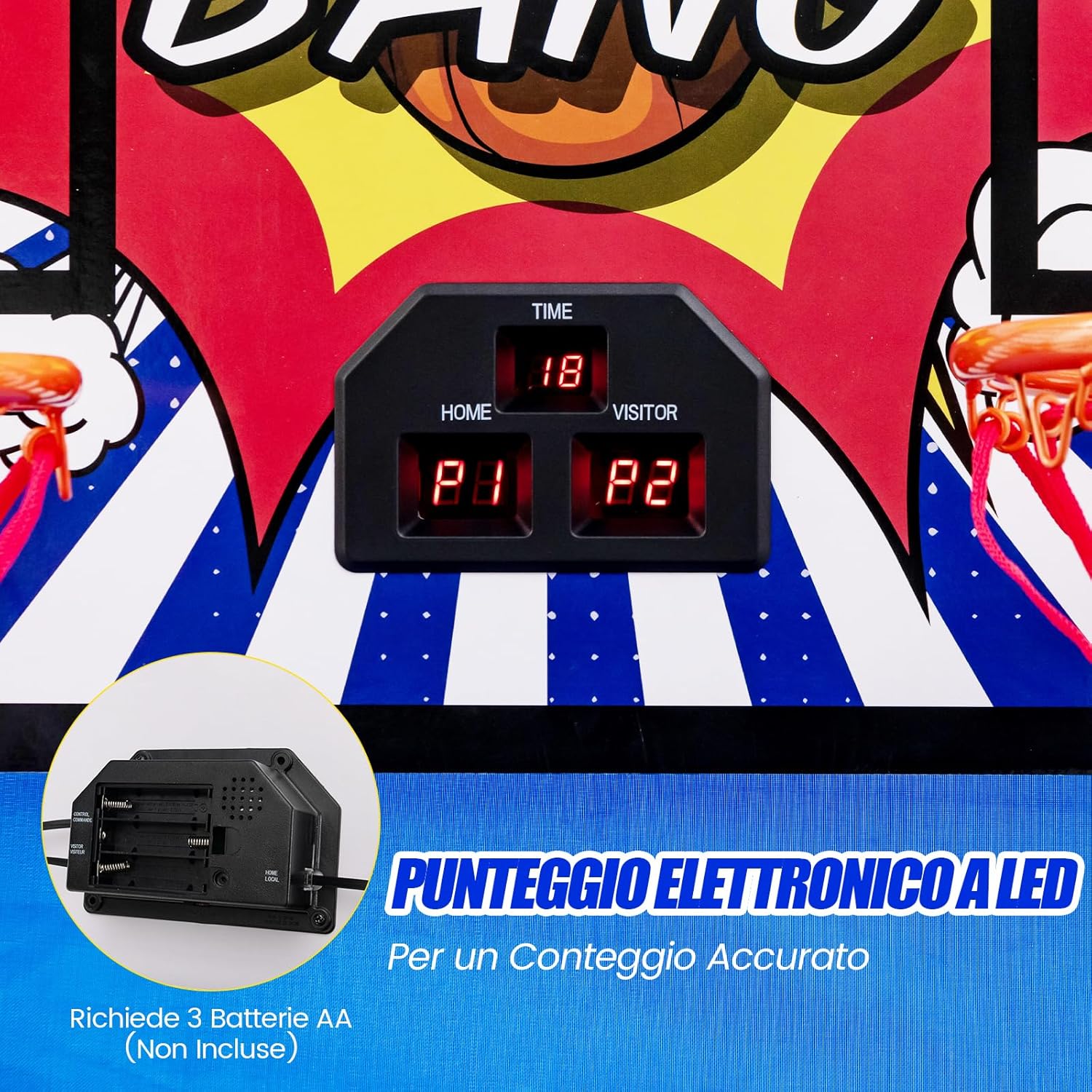 Macchina da Pallacanestro Elettronica Pieghevole, Gioco Arcade da Basket a Doppio Tiro per Casa con 8 Modalità di Gioco, Suono Arcade, Punteggio Elettronico, 4 Palloni e Pompa (Blu e bianco)