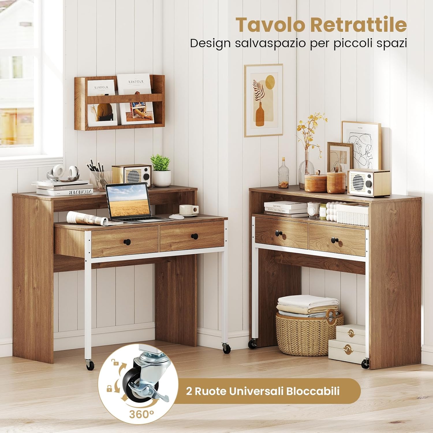 Scrivania per Computer, Tavolo Salvaspazio Retrattile con Cassetti e Ruote Universali Bloccabile, 100 x 63 x 88 cm, Desk Gaming per Ufficio, Soggiorno e Camera da Letto (Naturale)