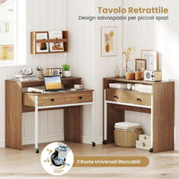 Scrivania per Computer, Tavolo Salvaspazio Retrattile con Cassetti e Ruote Universali Bloccabile, 100 x 63 x 88 cm, Desk Gaming per Ufficio, Soggiorno e Camera da Letto (Naturale)