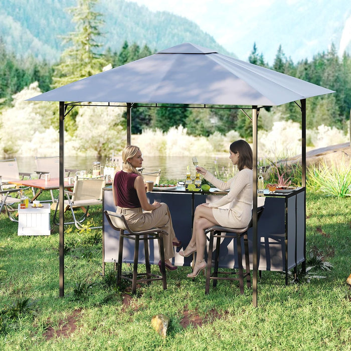 Gazebo da Esterno 245 x 245 x 243 cm, Set da Bar 3 Pezzi con Doppio Piano con 2 Sgabelli, Tavolo in Vetro Temperato e 2 Sedie, Tenda Impermeabile per Feste, BBQ in Giardino e Cortile