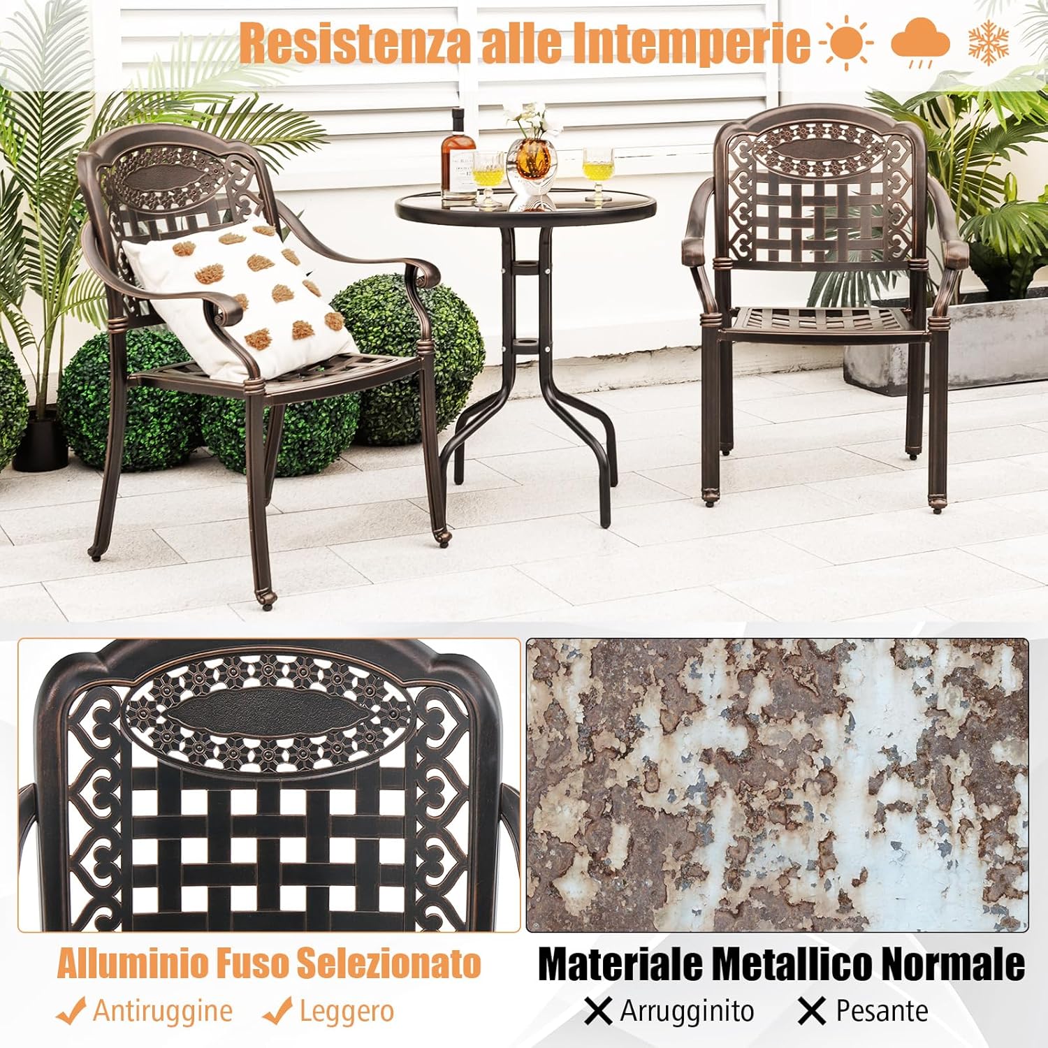 Set di 2 Sedie da Esterno in Alluminio Pressofuso, Sedie da Pranzo Impilabili con Braccioli, Sedie da Esterno in Alluminio Pressofuso per Balcone, Cortile, Giardino (Bronzo)