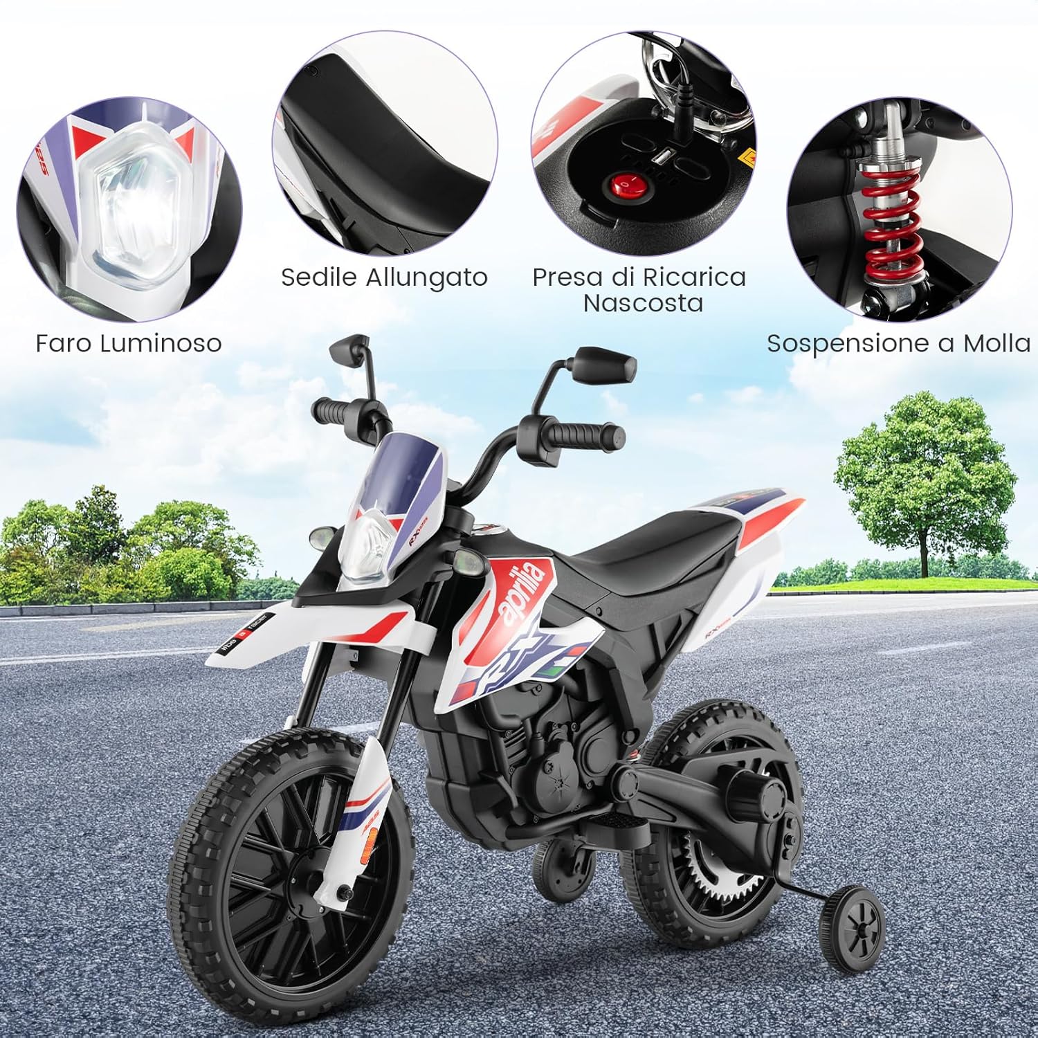 12V Aprilia Moto Cavalcabile per Bambini, Motocicletta Elettrica con Ruote Ausiliarie e Musica Wireless, Sospensione a Molla, Moto Elettrica alla Moda per Bambini 3-8 Anni (Bianco)