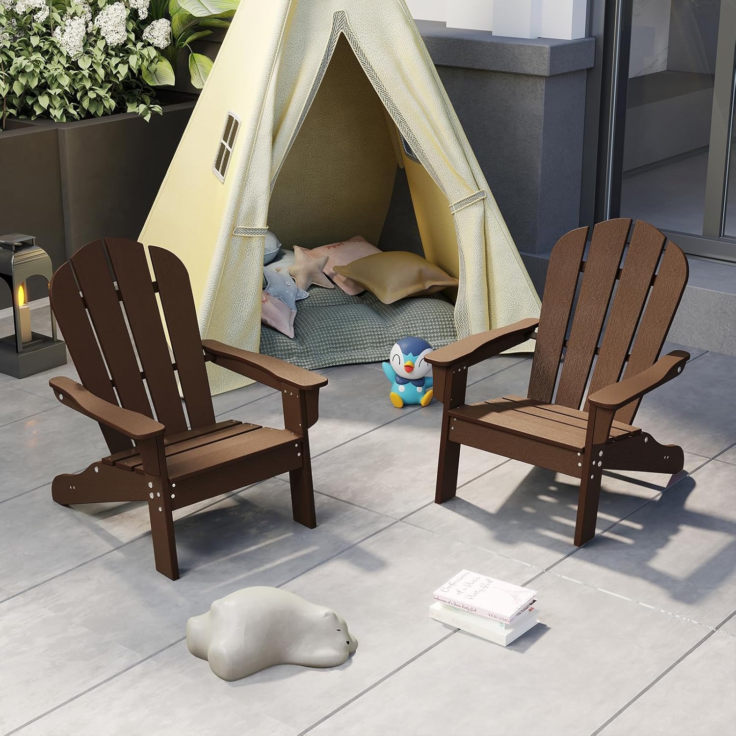 Sedia Adirondack per Bambini da Giardino, Sedie Ergonomica in HDPE con Schienale Inclinato e Braccioli, Poltrona per Interno ed Esterno, per Bambini 3 a 8 Anni, 52 x 53,5 x 64 cm (Marrone)
