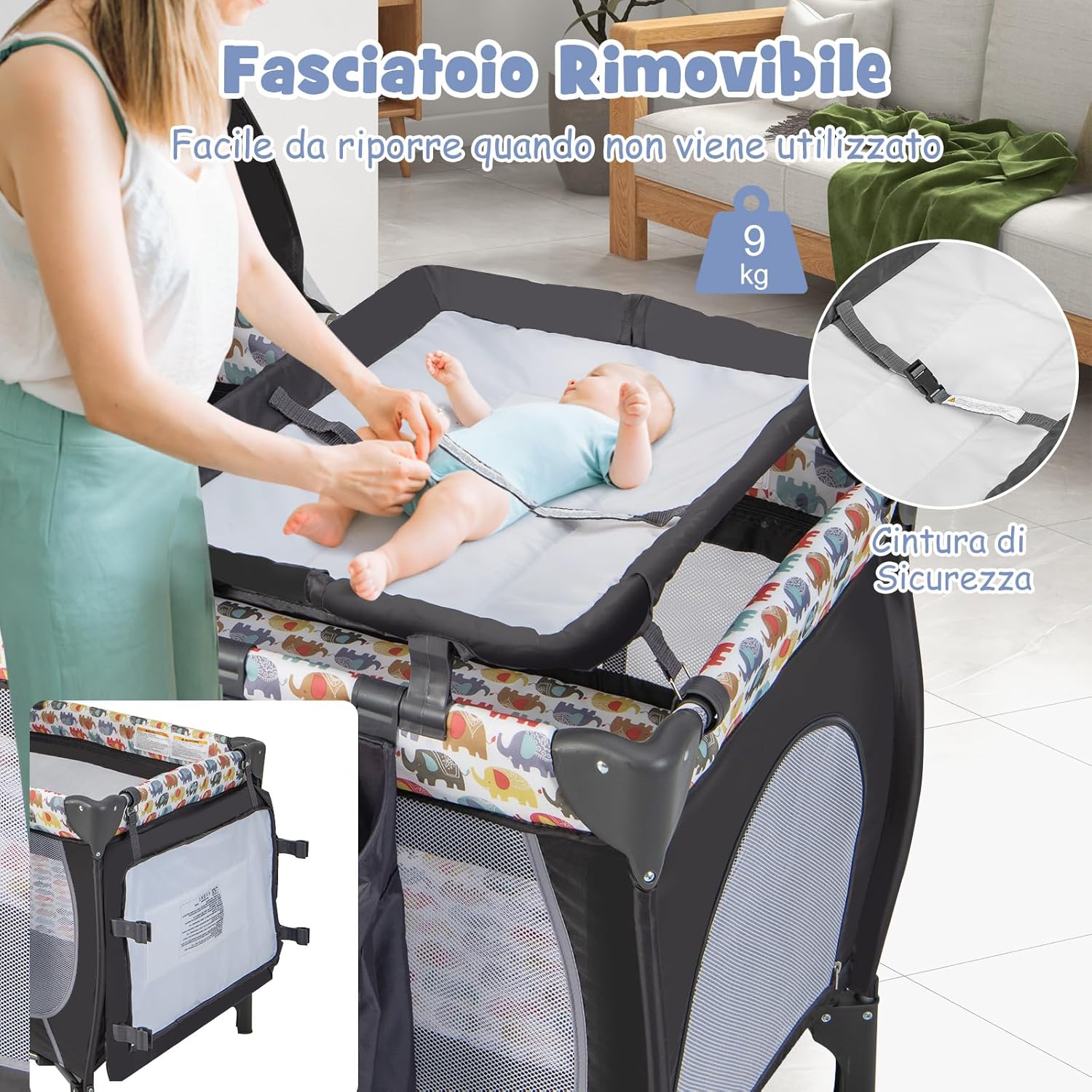 5 in 1 Lettino da Campeggio con Materasso, Lettino Neonato da Viaggio Pieghevole, Box Bambini Portatile con Borsa, Zanzariera, per Bambini 0-36 Mesi (Elefante Colorato)