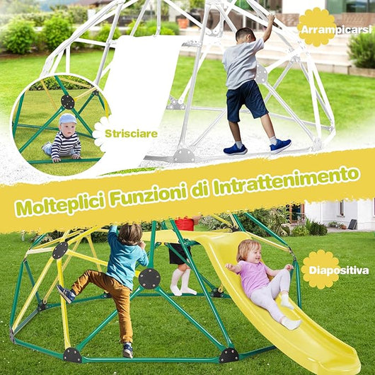 Cupola di Arrampicata, Struttura per Arrampicata con Scivolo, Capacità di Carico di 180 KG, per Bambini da 3 a 10 Anni, Ideale per Palestra, Cortile e Giardino (Verde+Giallo)