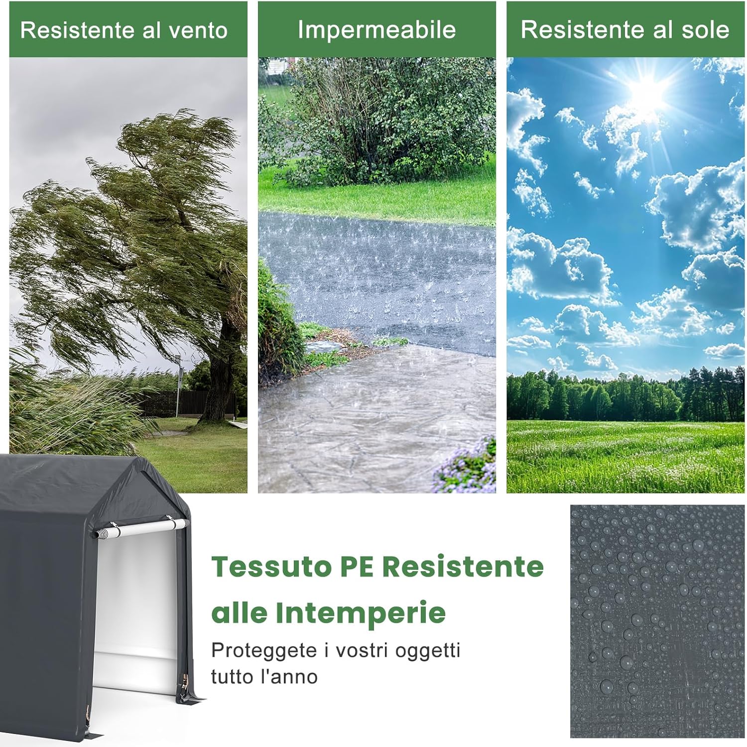 Tenda Garage per Moto e Bicicletta Impermeabile, Cappanone da Esterno con Porta a Cerniera Arrotolabile, Tendone Deposito da Giardino Multiuso per Attrezzi, 240 x 195 x 214 cm