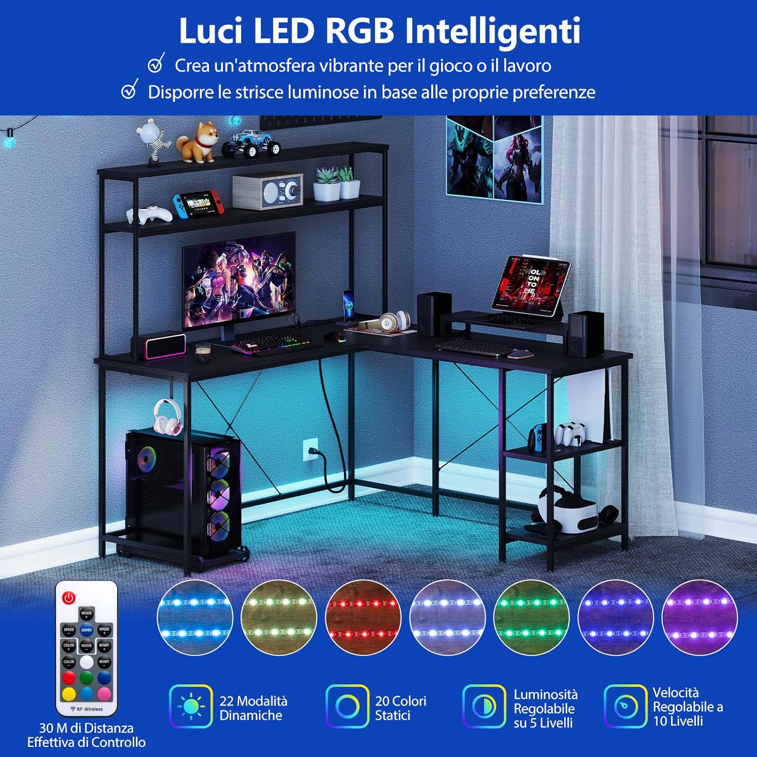 Scrivania per Computer a Forma di L, Tavolo da Gioco con Scaffale Regolabile, Gancio, Supporto per CPU, Striscia LED, Telecomando e Prese di Corrente, Desk per Studiare e Lavorare (Nero)