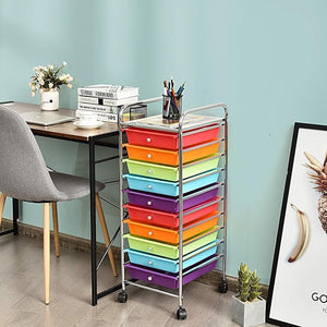 Carrello con 10 Cassetti da Stoccaggio, Cassettiera di Metallo e Plastica, Contenitore Multiuso con Ruote a Freno, per Casa e Ufficio (Arcobaleno Scuro)