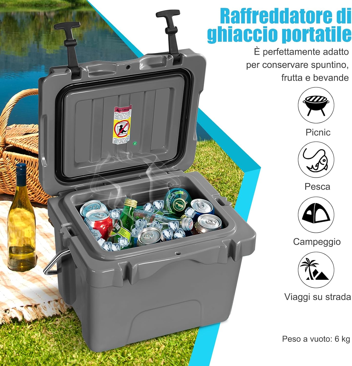 Contenitore per Ghiaccio da 15 L, Contenitore Termico con Maniglia 2 Porta Bicchieri, Contenitore Termico del Ghiaccio Portatile per Campeggio（Grigio)