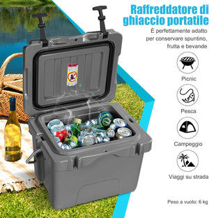 Contenitore per Ghiaccio da 15 L, Contenitore Termico con Maniglia 2 Porta Bicchieri, Contenitore Termico del Ghiaccio Portatile per Campeggio（Grigio)