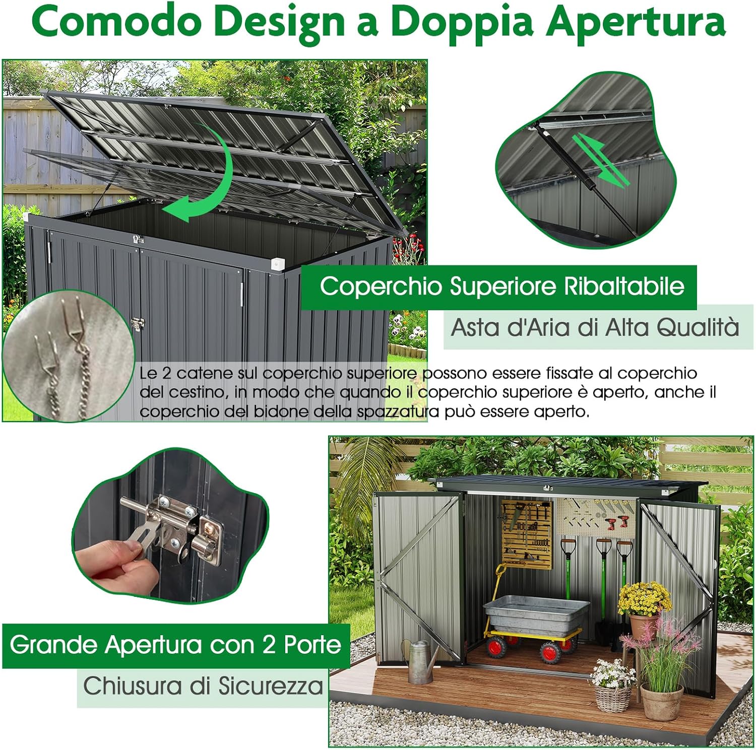 Casetta per Spazzatura Esterna, Capanni da Giardino Bloccabile con Doppie Aperture, 2 Porte e Struttura in Metallo Zincato, Organizzatore di Stoccaggio per Patio e Cortile