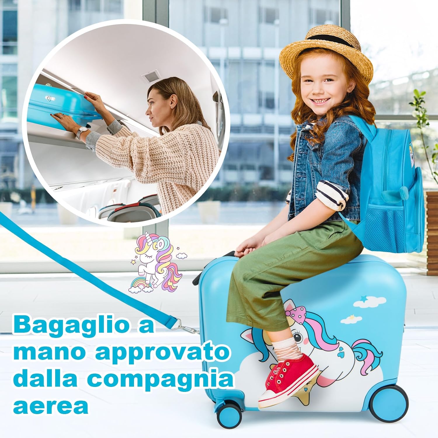 Valigia Cavalcabile per Bambini, 18" Valigia+ 12" Zaino,2 Pezzi, Trolley Bambini Bagaglio a Mano con Ruote Girevoli e Maniglia Retrattile, 2 Cingie Multiuso (Modello 2)