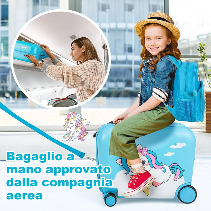Valigia Cavalcabile per Bambini, 18" Valigia+ 12" Zaino,2 Pezzi, Trolley Bambini Bagaglio a Mano con Ruote Girevoli e Maniglia Retrattile, 2 Cingie Multiuso (Modello 2)