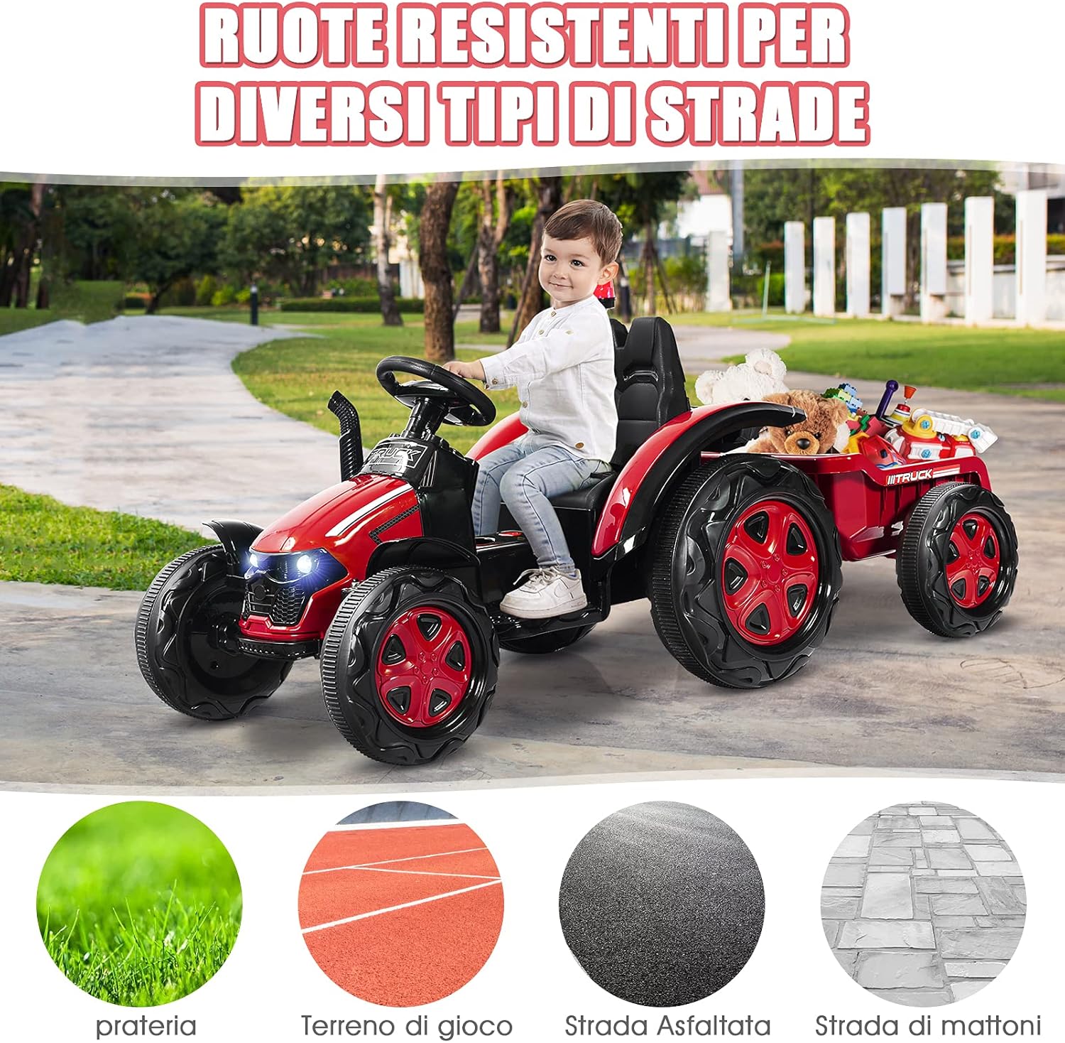 Trattore Elettrico per Bambini con Rimorchio, 2 in 1 Go Kart e Trattore per Bambini 3-8 Anni, con Telecomando e Cintura di Sicurezza a 2 Punti (Rosso)