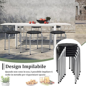 Set di 6 Sgabello Tondo Impilabile in Metallo, Sgabello Cucina Basso per Bambini Adulti, Sgabelli da Bar Casa Ufficio Aule, 30 x 30 x 44,5 cm (Nero + Grigio)