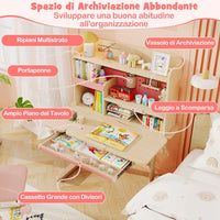 Scrivania per Bambini 3+ Anni, Tavolo da Studio Regolabile in Altezza con Libreria e Cassetto, Piano Inclinabile, Mensole, Leggio e Portapenne, Scrivania per Studiare (Rosa)
