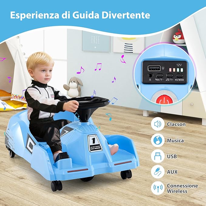 Go Kart Elettrico per Bambini, 12V Macchina Elettrica con Telecomando 3 Velocità Clacson Musica, 2-4 km/h, Regalo per Bambini 2-5 Anni (Blu)