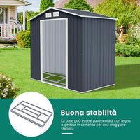 Casetta da Giardino in Acciaio 2,7㎡, con Base, Porte Scorrevoli, Maniglie, Sfoghi e Tettoia, Capanno da Esterno per Giardino, Fattoria e Cortile, 213 x 127 x 185 cm (Grigio Scuro)